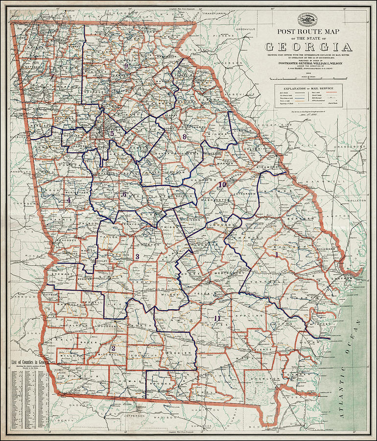 Vintage Photograph - State of Georgia Post Route Vintage Map 1895 by Carol Japp