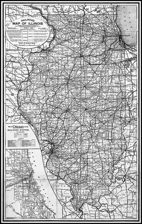 Illinois Map Photograph - State of Illinois Vintage Railroad Map 1898 Black and White  by Carol Japp