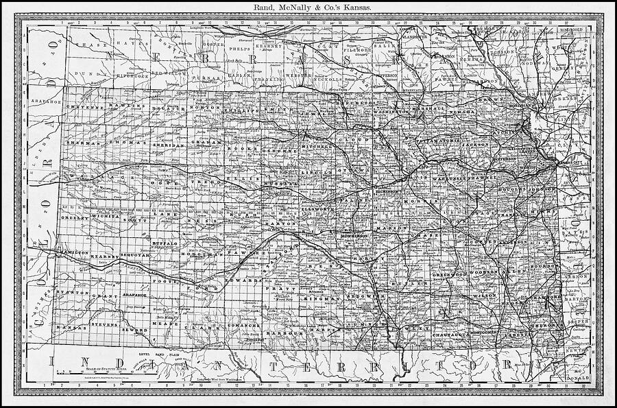 State of Kansas Vintage Map 1881 Black and White  Photograph by Carol Japp