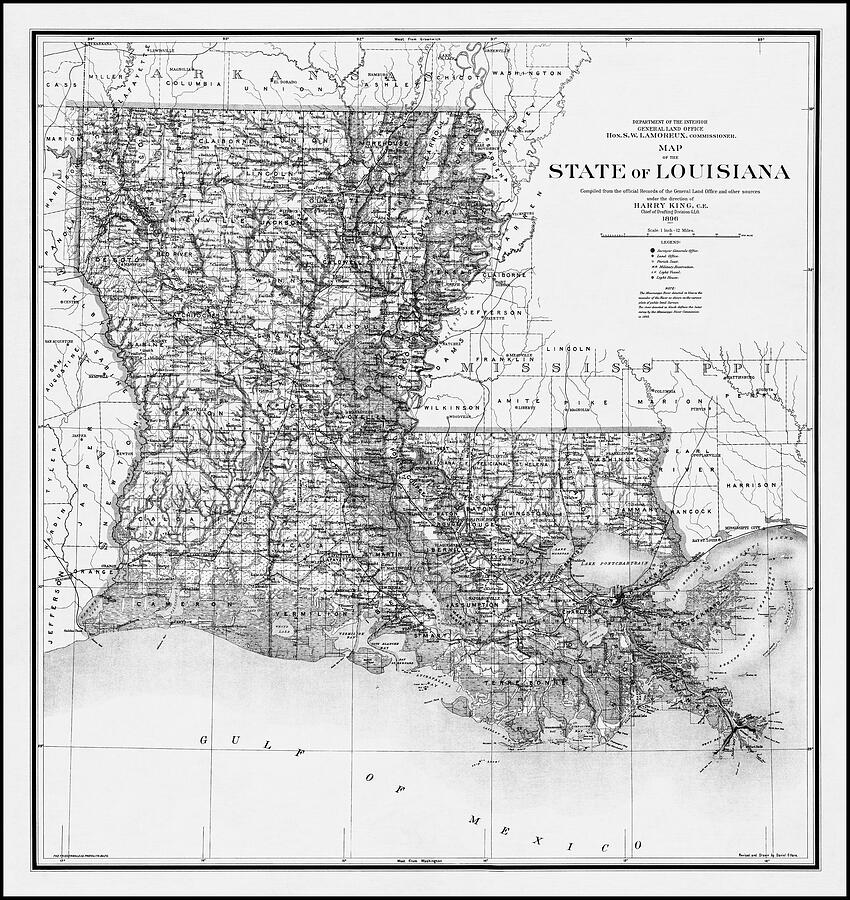 State of Louisiana Historical Map 1896 Black and White Photograph by ...