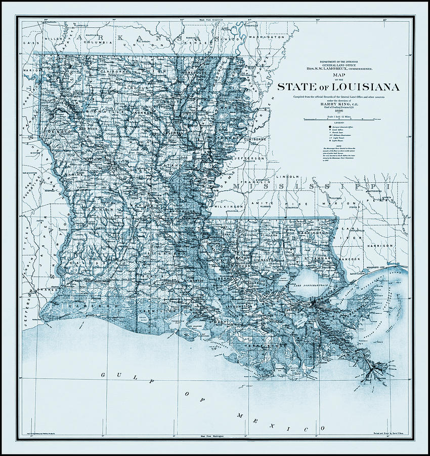 New Orleans Photograph - State of Louisiana Historical Map 1896 Blue  by Carol Japp