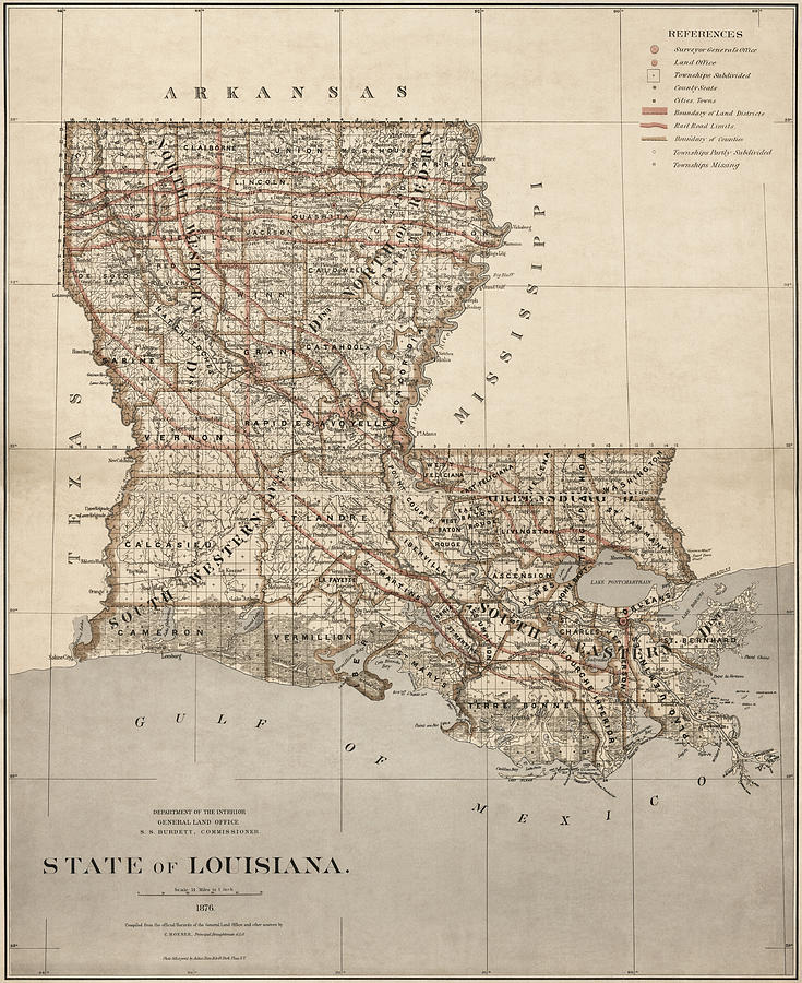 New Orleans Photograph - State of Louisiana Vintage Map 1876 by Carol Japp