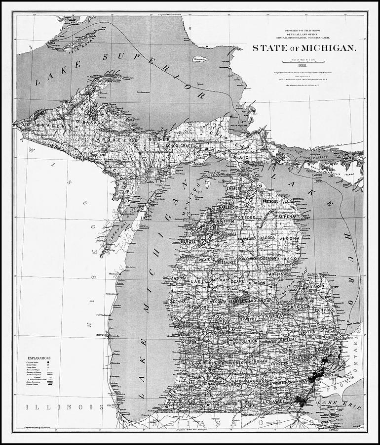 Vintage Photograph - State of Michigan Vintage Map 1888 Black and White  by Carol Japp