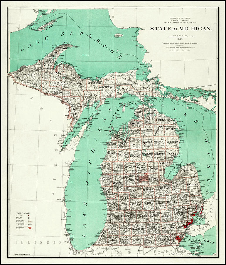 Vintage Photograph - State of Michigan Vintage Map 1888 by Carol Japp