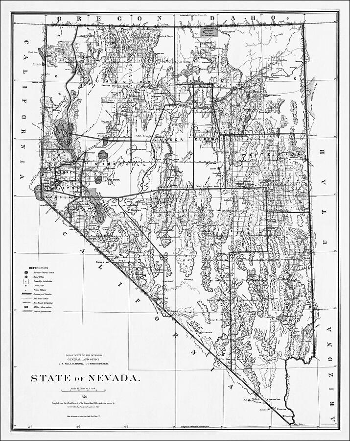 Grand Canyon National Park Photograph - State of Nevada Vintage Map 1879 Black and White  by Carol Japp