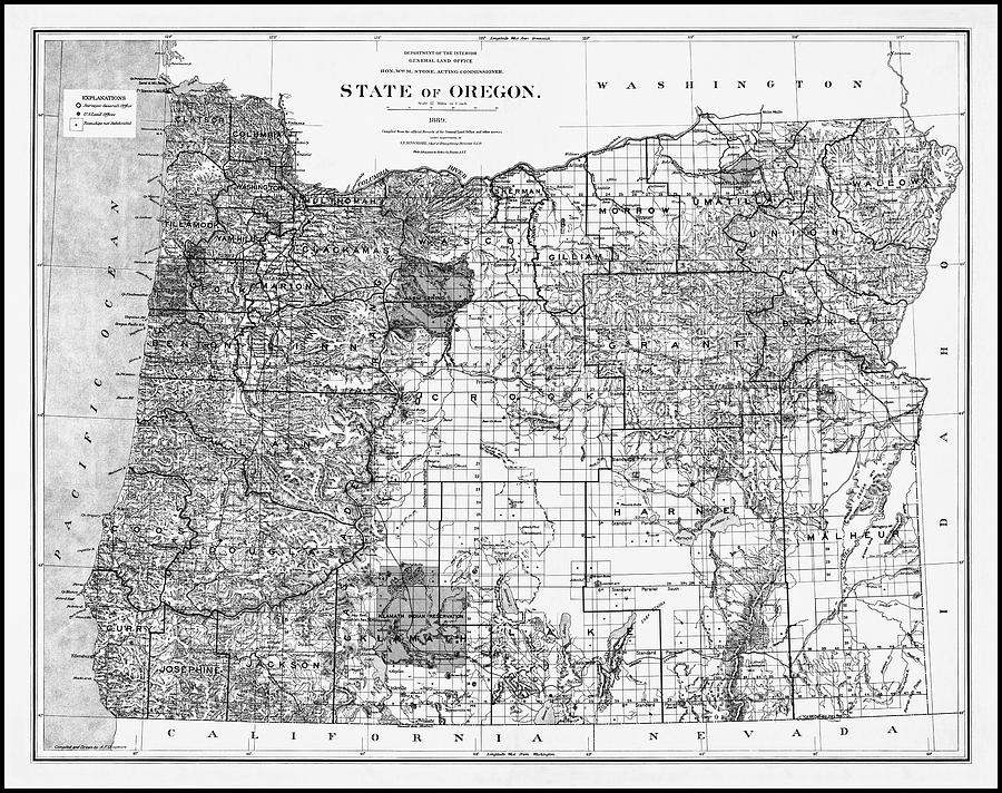 Vintage Photograph - State of Oregon Historical Map 1889 Black and White  by Carol Japp