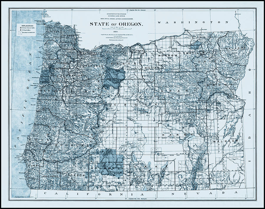 Vintage Photograph - State of Oregon Historical Map 1889 Blue  by Carol Japp
