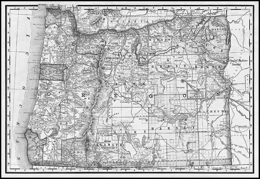 Vintage Photograph - State of Oregon Vintage Map 1889 Black and White  by Carol Japp