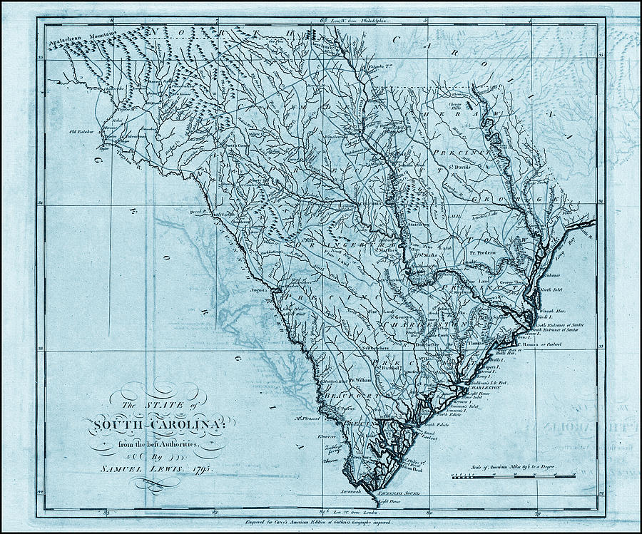 Vintage Photograph - State of South Carolina Vintage Map 1795 Blue  by Carol Japp