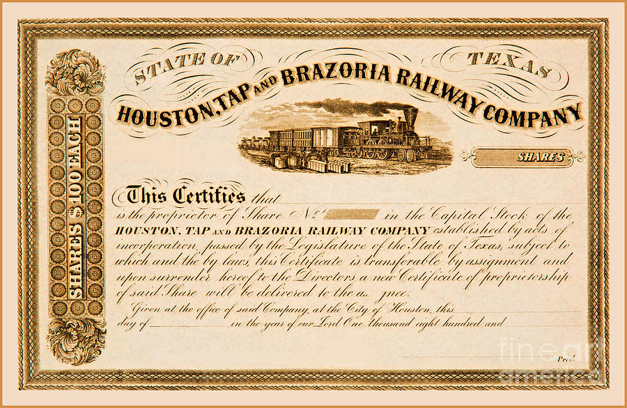 State of Texas Houston and Brazoria Railroad Company Stock Certificate circa 1858 Drawing by Peter Ogden