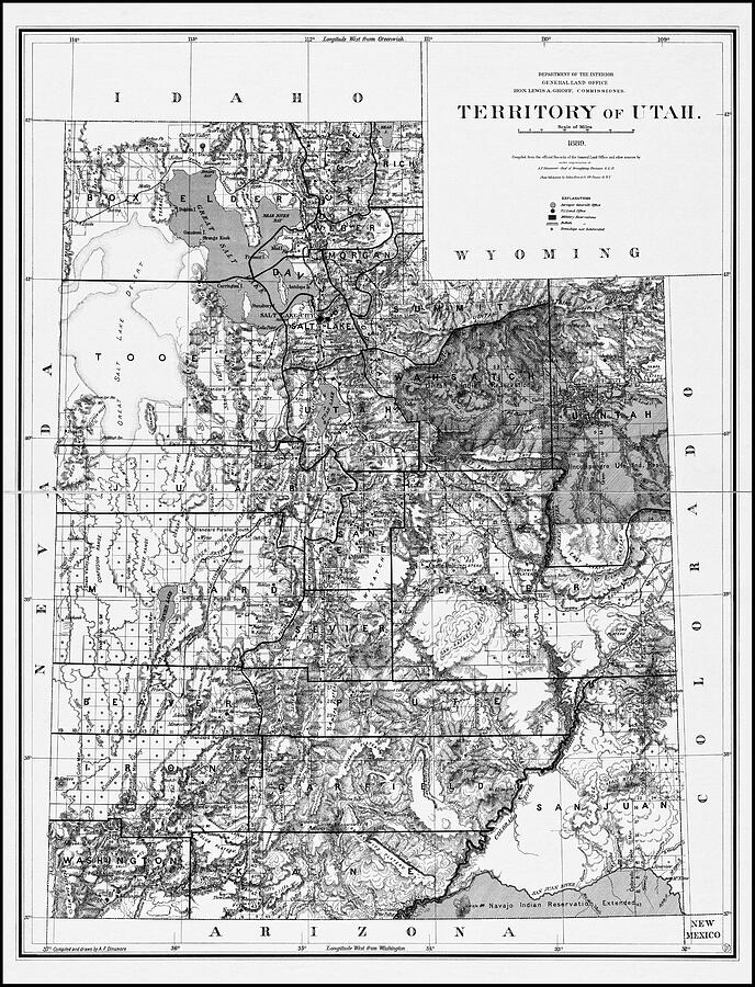 State of Utah Vintage Map 1889 Black and White Photograph by Carol Japp ...