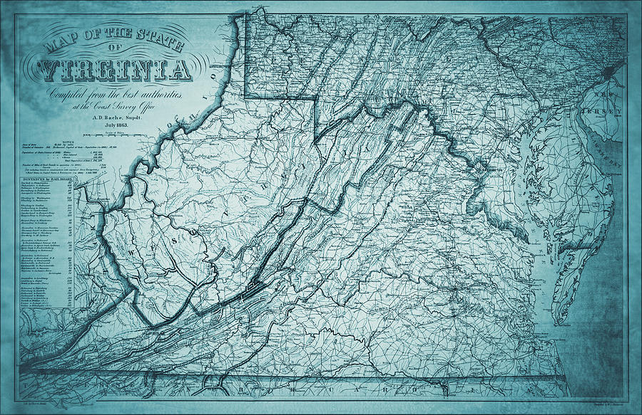 Vintage Photograph - State of Virginia Vintage Map 1863 Shades of Blue  by Carol Japp