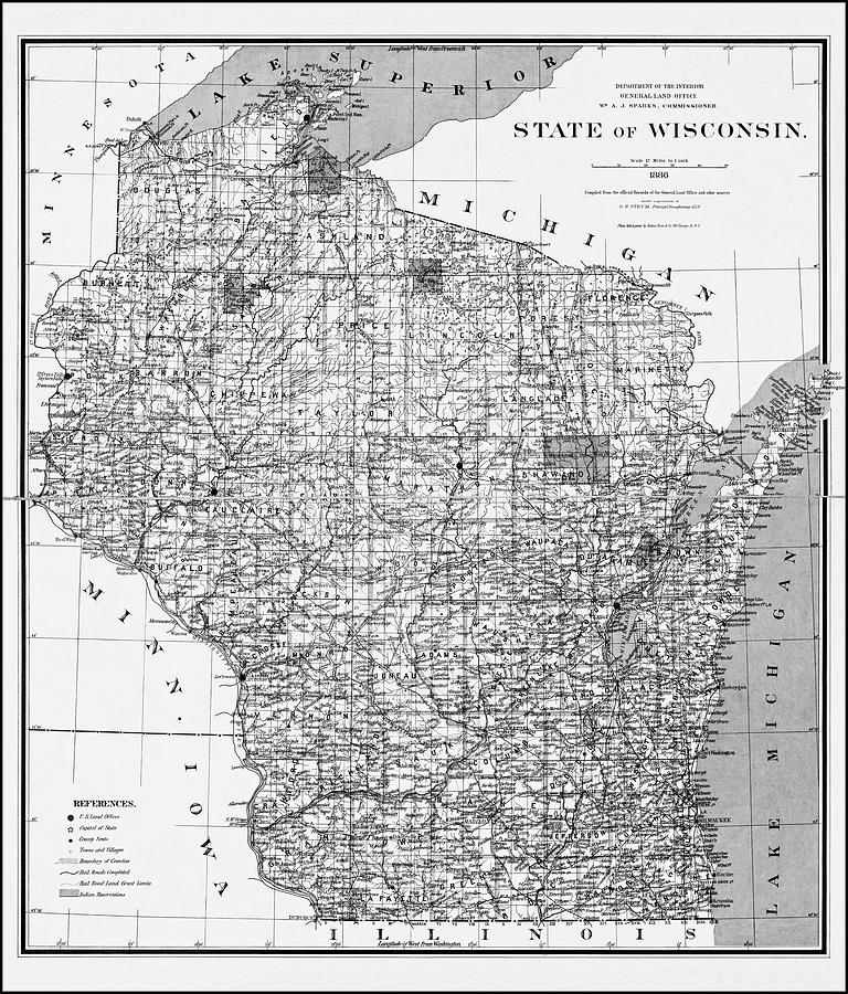 Wisconsin Map Photograph - State of Wisconsin Vintage Map 1886 Black and White  by Carol Japp
