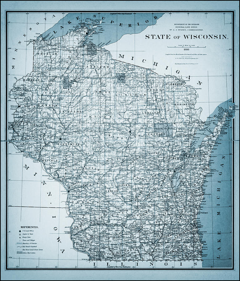 Wisconsin Map Photograph - State of Wisconsin Vintage Map 1886 Blue  by Carol Japp