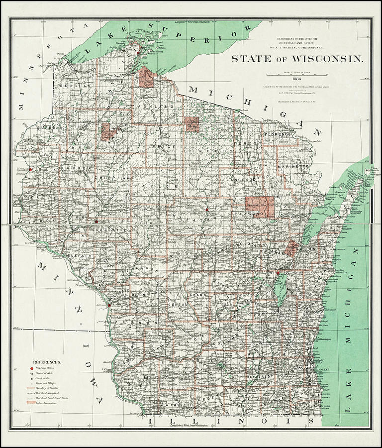 Vintage Photograph - State of Wisconsin Vintage Map 1886 by Carol Japp