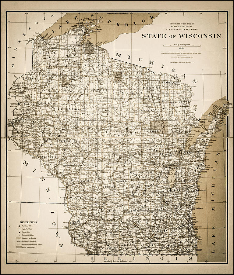 Vintage Photograph - State of Wisconsin Vintage Map 1886 Sepia  by Carol Japp