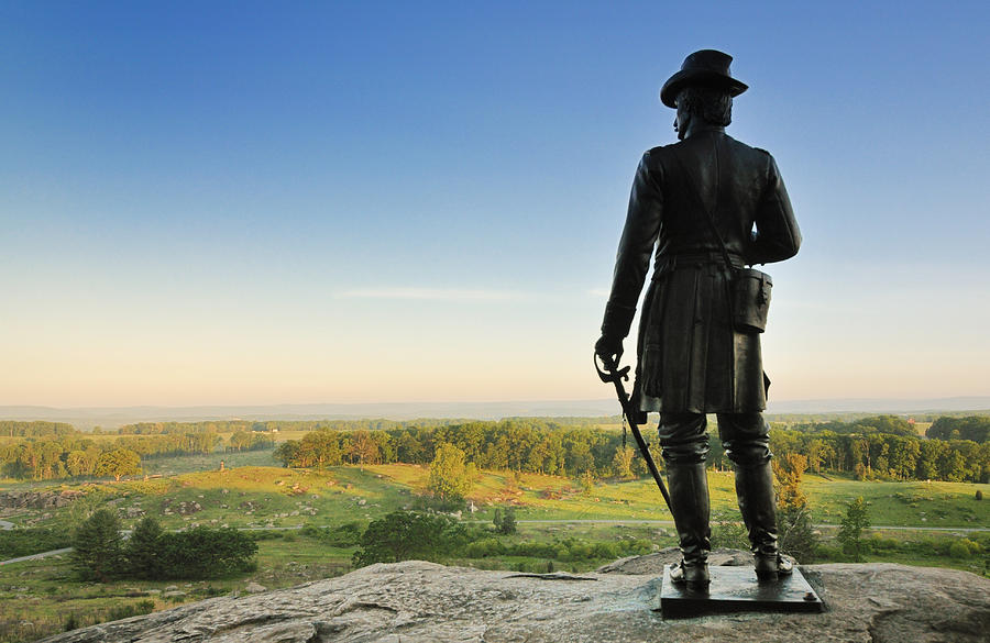 Statue of General Warren watching over the valley at Gettysburg, Pennsylvania Photograph by Vicki Jauron, Babylon and Beyond Photography