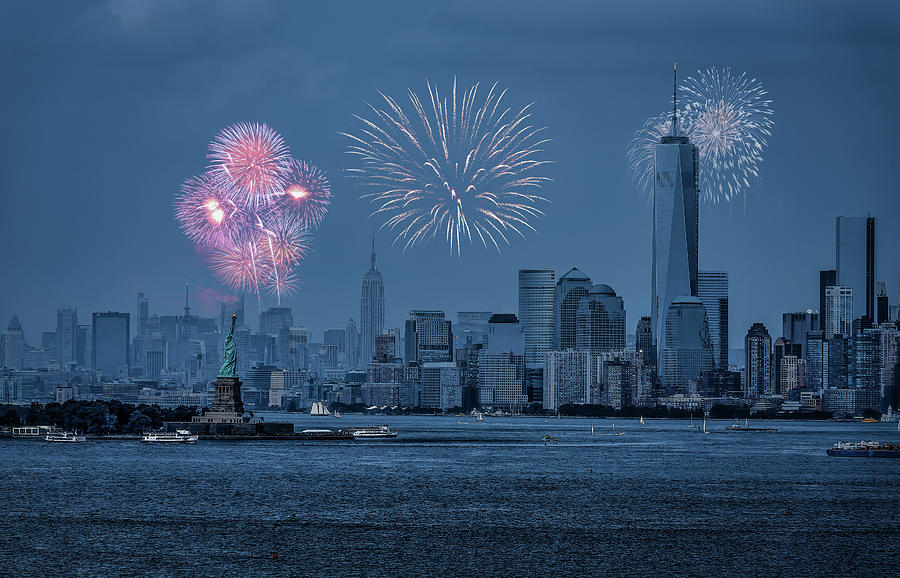 Statue of Liberty and Freedom Tower During Fireworks Photograph by Darryl Brooks