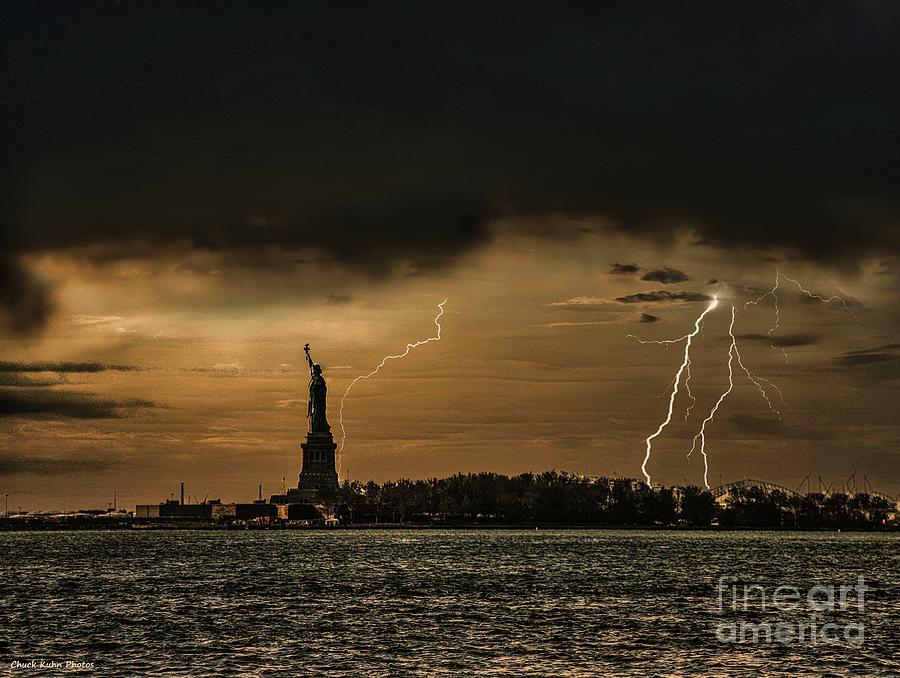 Statue of LIberty Artistic Thunder Lighting  Photograph by Chuck Kuhn