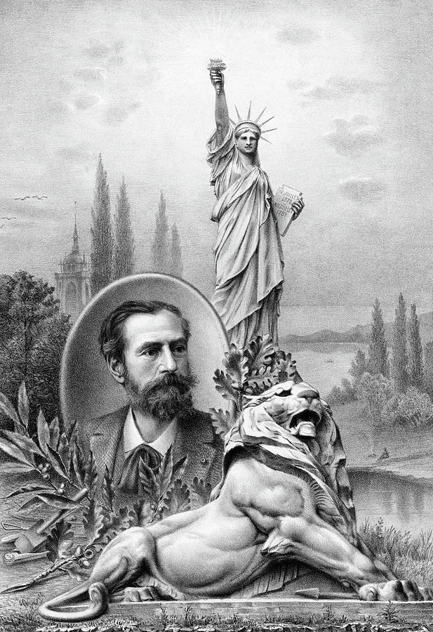 Statue of Liberty - Bartholdi Portrait and Lion Sculpture  Drawing by War Is Hell Store