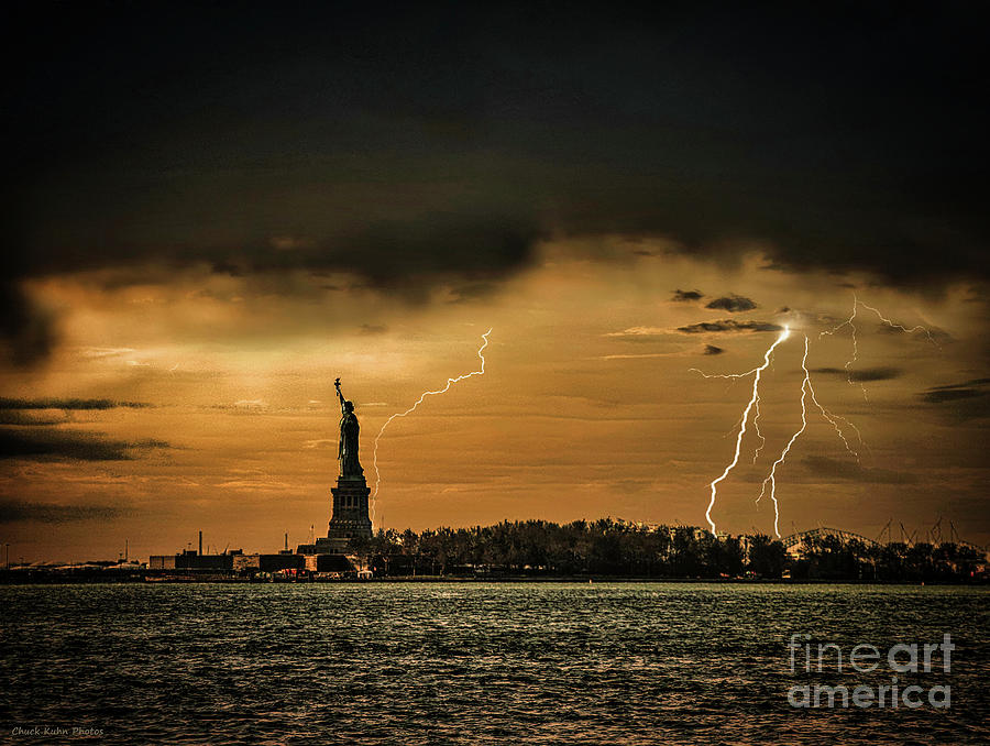 Statue of Liberty Hudson River Lightning Color  Photograph by Chuck Kuhn