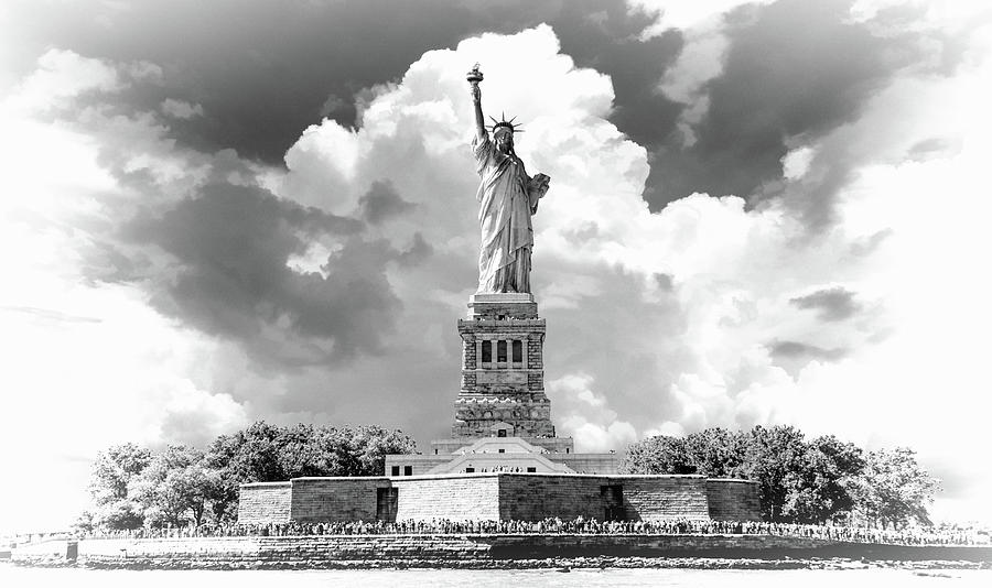 New York City Photograph -  Statue Of Liberty Majestic Clouds Black and White by Christopher Arndt