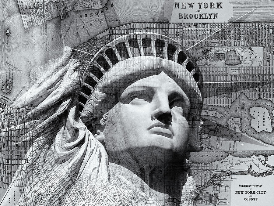 Statue of Liberty New York With Vintage Map Black and White  Photograph by Carol Japp