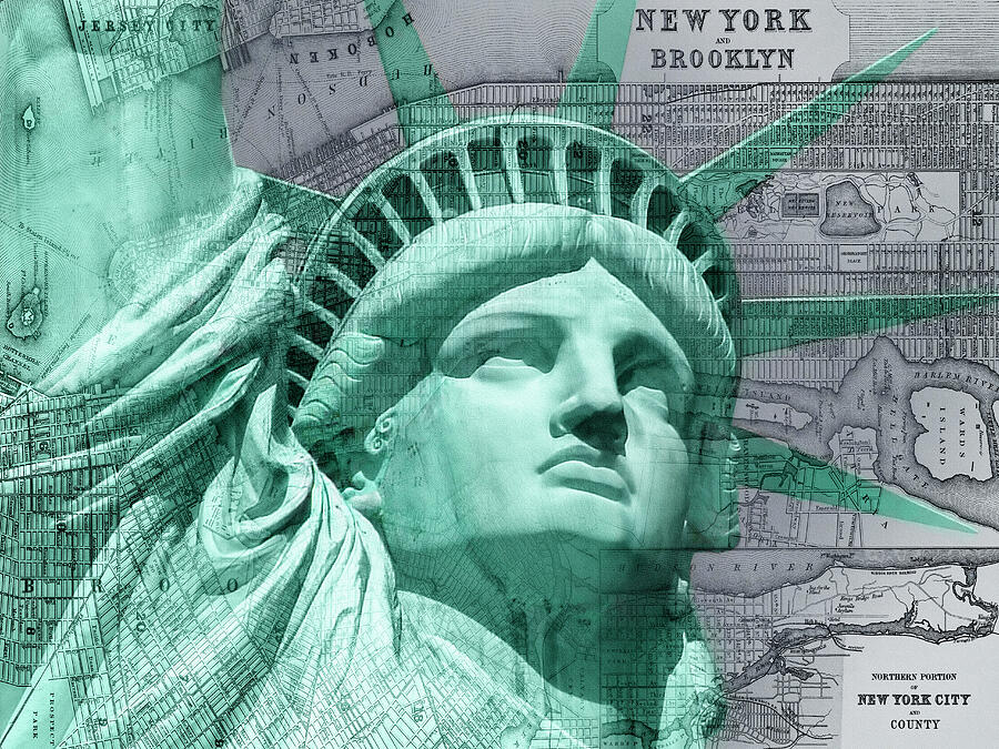 Statue of Liberty New York With Vintage Map  Photograph by Carol Japp