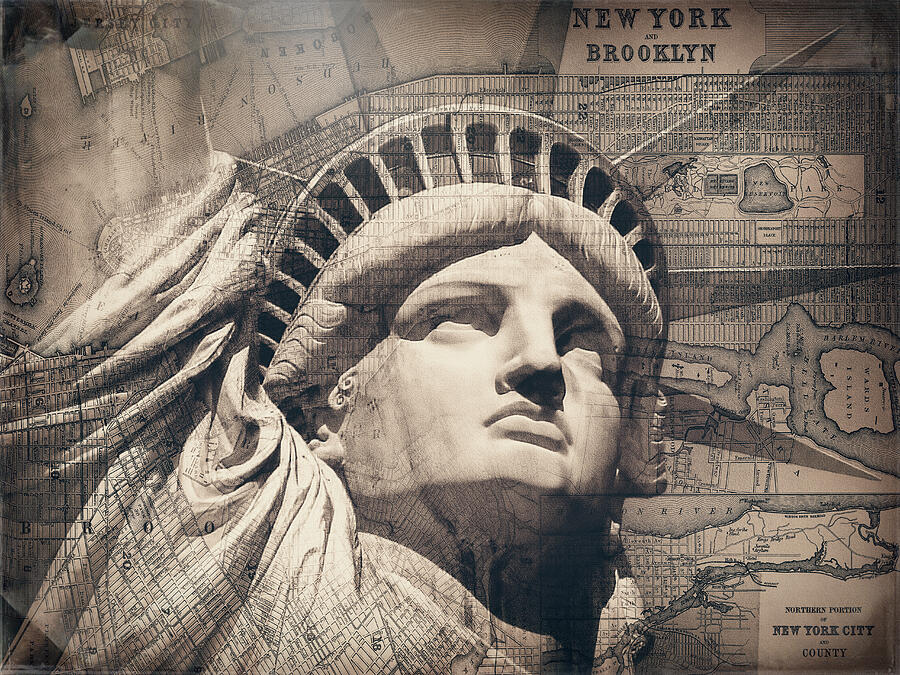 Statue of Liberty New York With Vintage Map Sepia  Photograph by Carol Japp