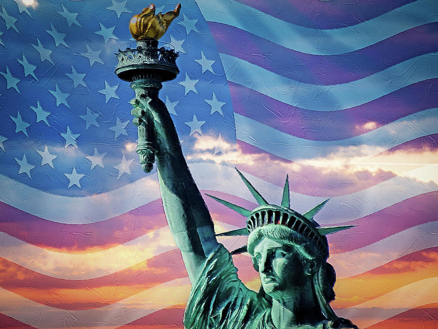 Statue Of Liberty Sunset American Flag Painting by Dan Sproul