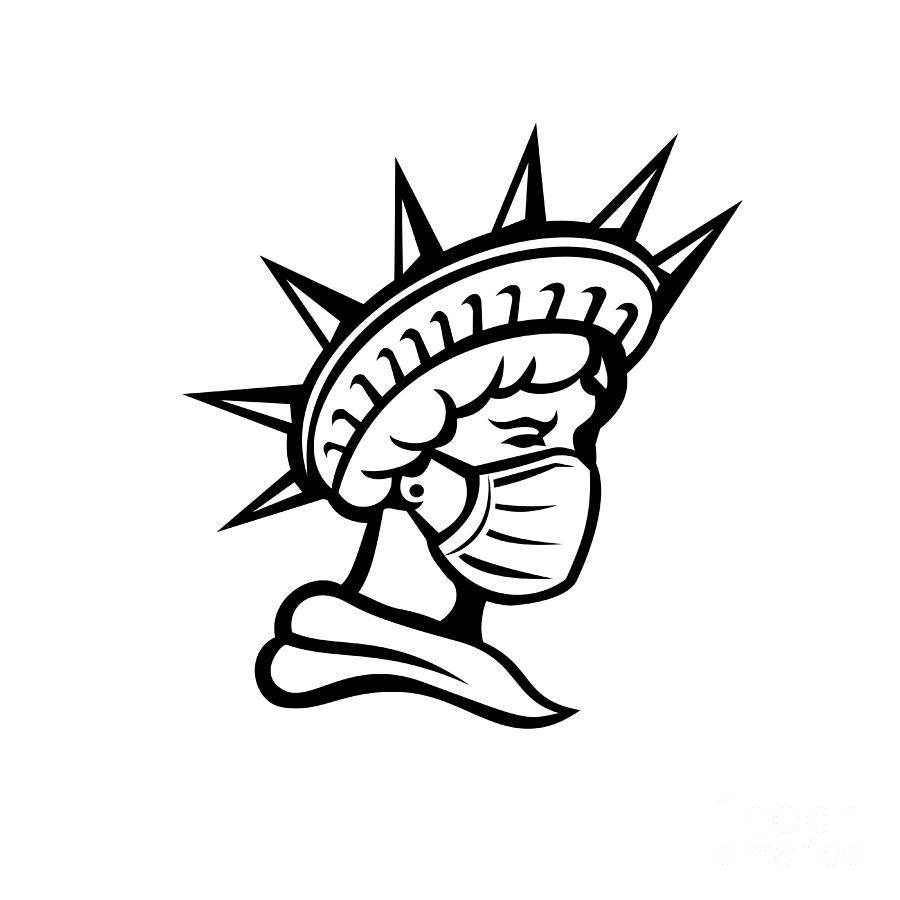 Statue Of  Liberty Wearing Mask Black And White Digital Art