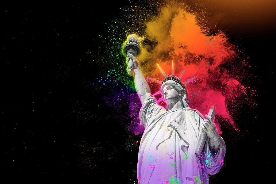  Statue of Liberty with colorful rainbow holi paint powder explosion isolated on black background Digital Art by Maria Kray