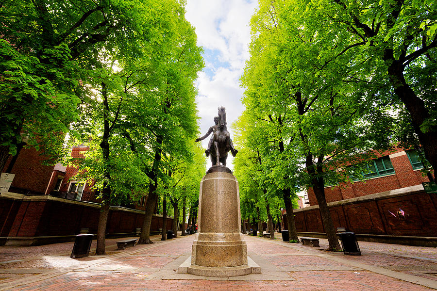 Statue of Paul Revere on horse in center of Paul Revere Mall leading to Old North Church along Freedom Trail, spring afternoon, Boston Massachusetts Photograph by Anna Gorin Statue of Paul Revere on horse in center of Paul Revere Mall leading to Old North Church along Freedom Trail, spring afternoon, Boston Massachusetts Photograph by Anna Gorin