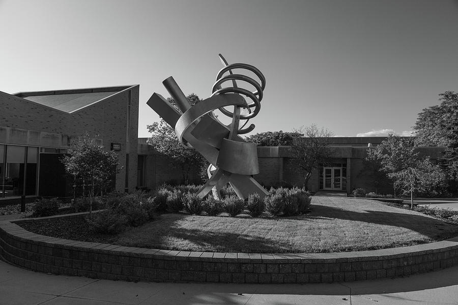 Statue on the campus of Ferris State University in black and white Photograph by Eldon McGraw