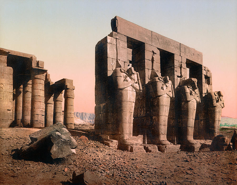 Statues Osiris Et Les Colonnes Du Temple - Circa 1900 Photochrom Photograph by War Is Hell Store