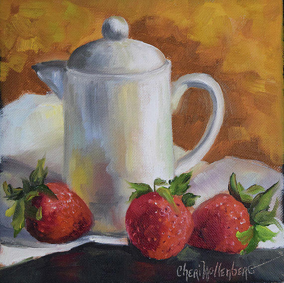 Stawberries and White Creamer An Original Oil Painting by Cheri Wollenberg Painting by Cheri Wollenberg