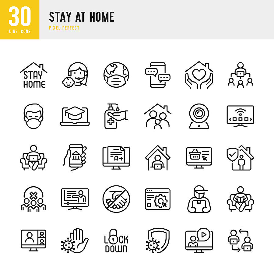 STAY AT HOME - thin line vector icon set. Pixel perfect. The set contains icons: Stay at Home, Social Distancing, Quarantine, Video Conference, Working At Home, E-Learning. Drawing by Fonikum