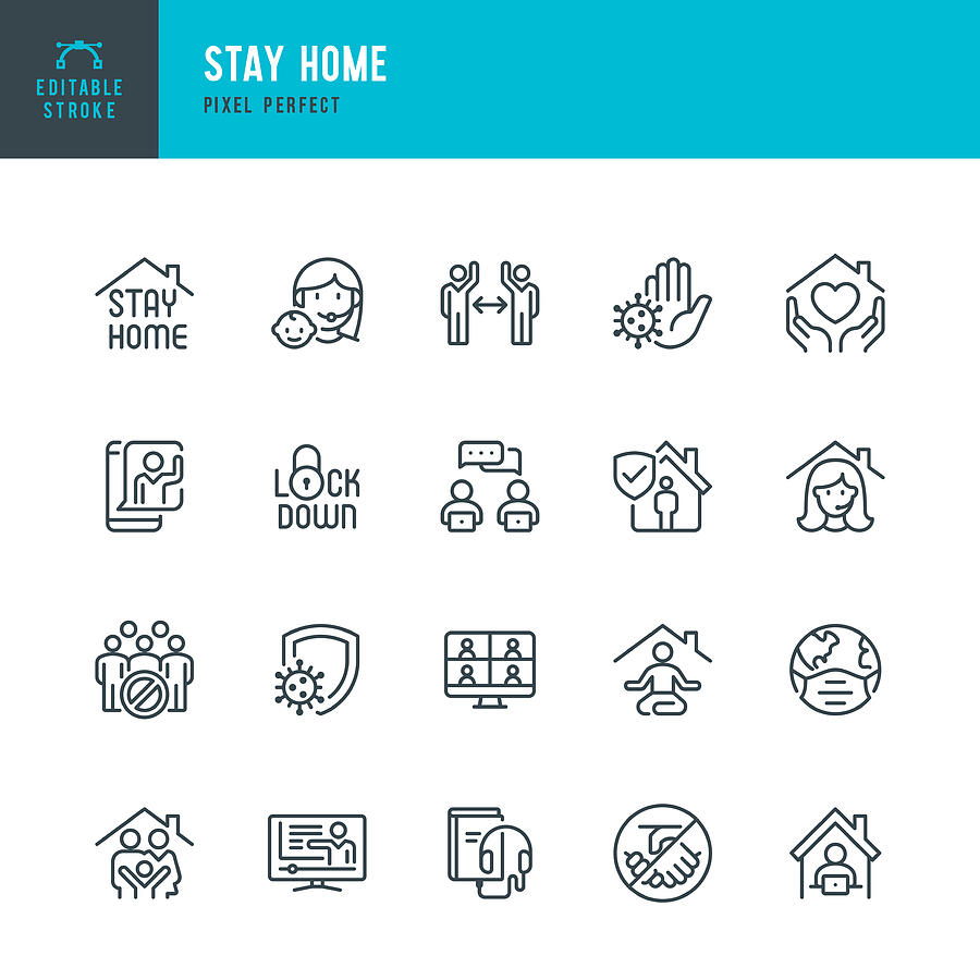 STAY HOME - thin line vector icon set. Pixel perfect. Editable stroke. The set contains icons: Stay at Home, Social Distancing, Quarantine, Video Conference, Working At Home, E-Learning. Drawing by Fonikum
