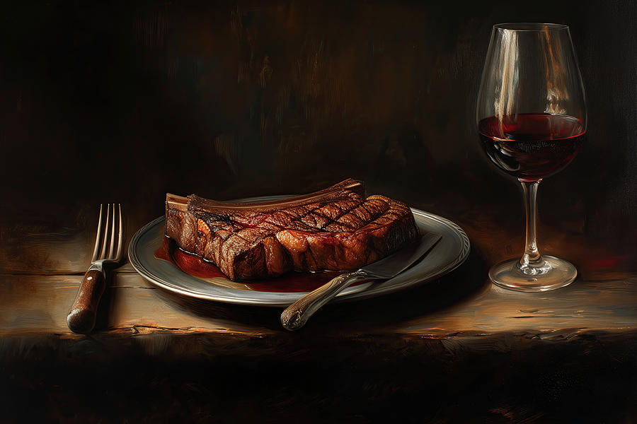 Steak And Wine Still Life Digital Art