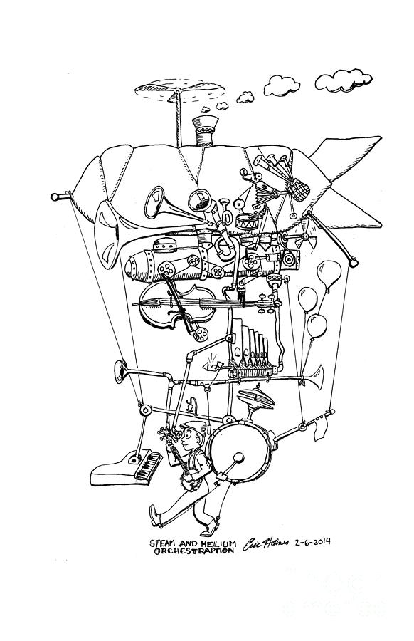 Steam and Helium Orchestraption, Black and White Drawing by Eric Haines