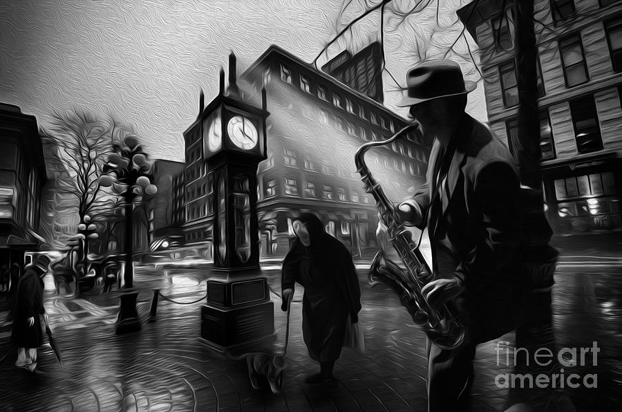 Music Photograph - Steam Clock Film Noir Gastown Vancouver by Bob Christopher