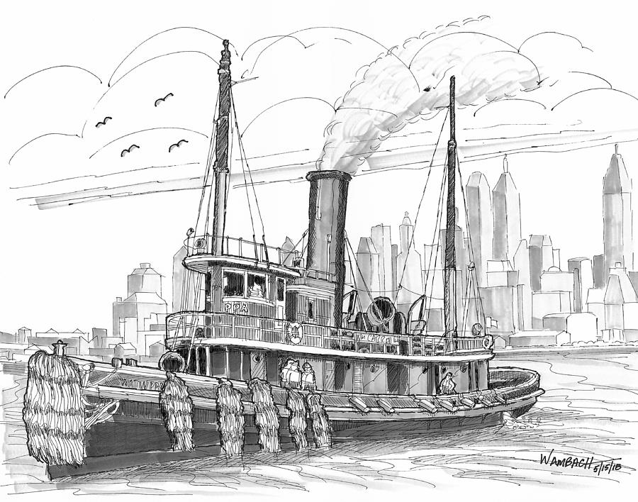 Steam Tug Boat Watuppa New York Harbor Drawing by Richard Wambach
