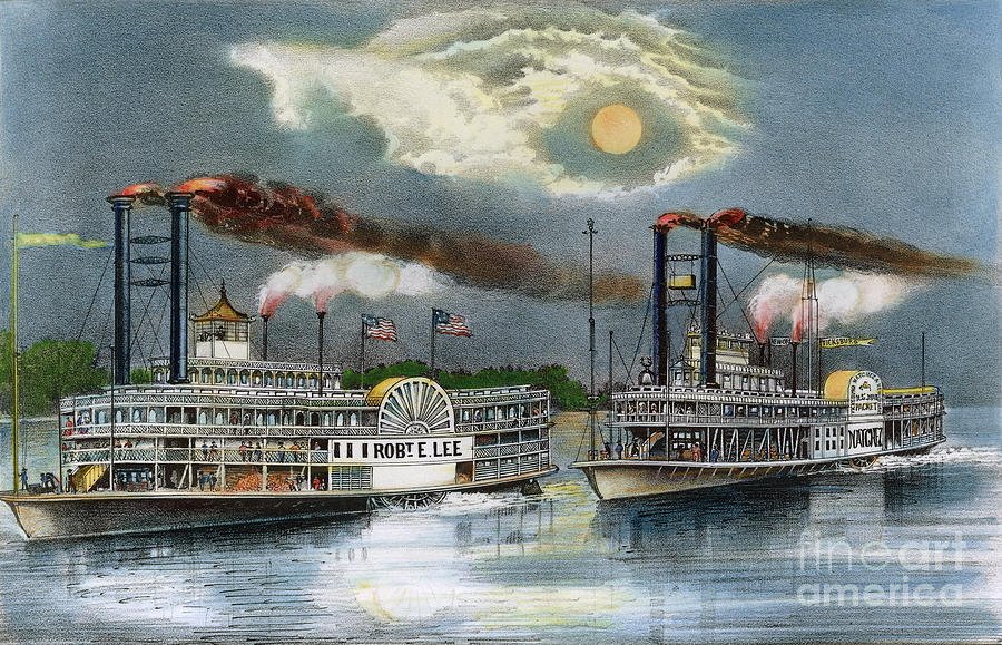 Steamboat Race, 1870 Drawing by Currier and Ives