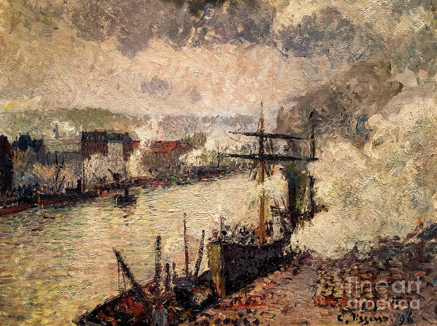 Steamboats in the Port of Rouen by Camille Pissarro 1896 Painting by Camille Pissarro