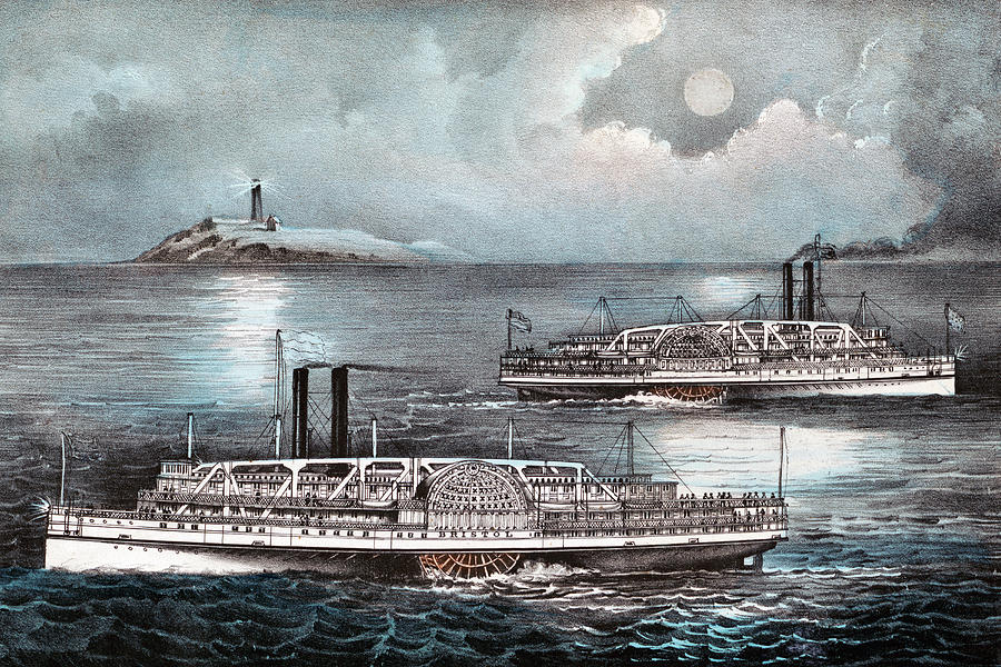 Steamboats Passing At Midnight On Long Island Sound - Circa 1900 Painting by War Is Hell Store