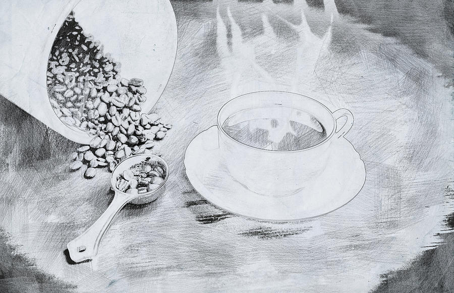 Steaming cup of black coffee in black and white Drawing by Karen Foley