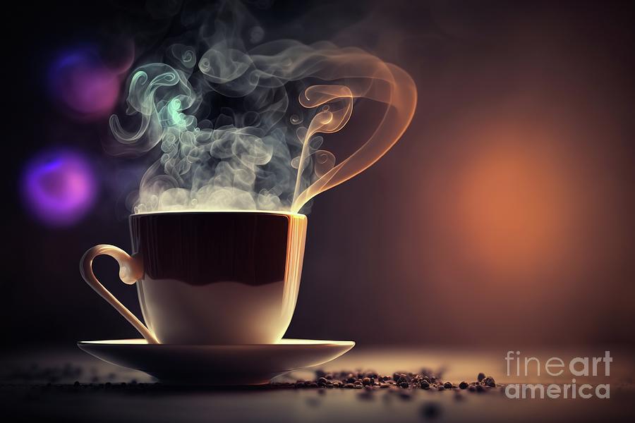 Steaming cup of coffee on a soft calm background. Ai generated. Photograph by Joaquin Corbalan