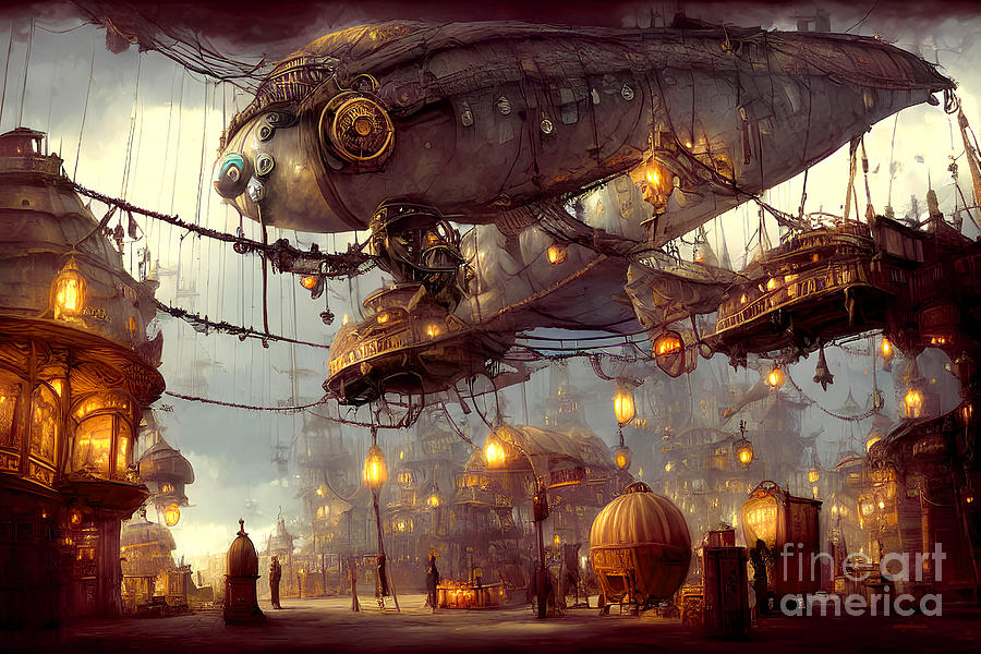 Steampunk Airships Docked In The Old Country 20221010p Mixed Media by Wingsdomain Art and Photography