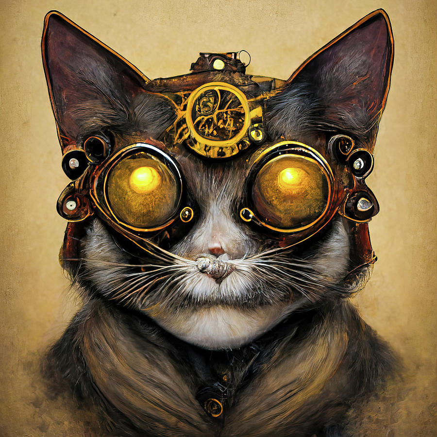 Steampunk Animal 07 Cat Portrait Digital Art by Matthias Hauser