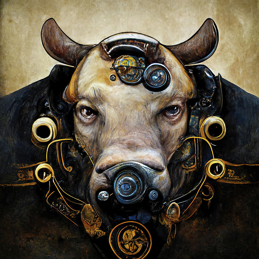 Steampunk Animal 09 Bull Portrait Digital Art by Matthias Hauser